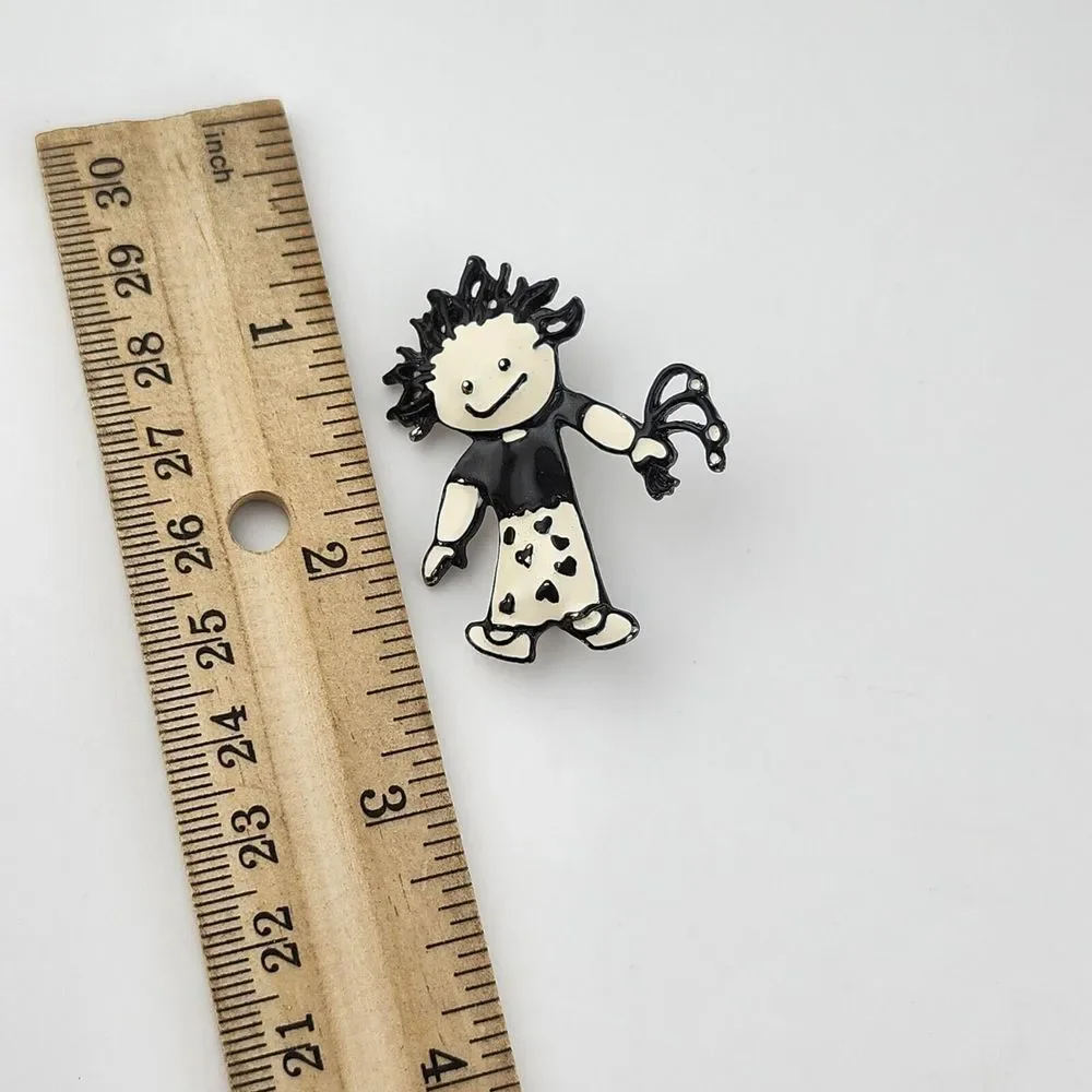 VTG SFJ Black & White Enamel Girl Pin Brooch - 1 3/4